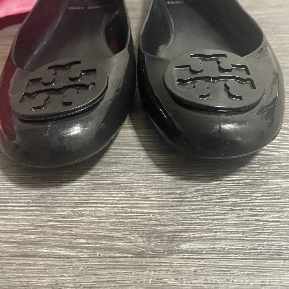 TORY BURCH Sz 10 Jelly Reva Ballet Flats Black Rubber Logo Shoes Travel Resort